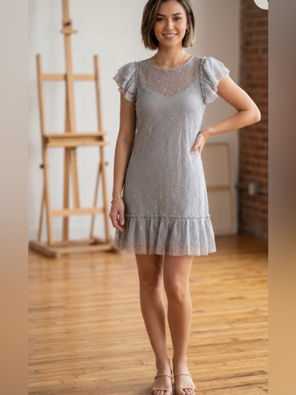 Kensie Light Gray Lace Ruffle Mini Dress